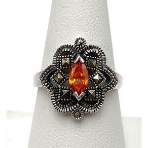925 Marsala Sterling Silver Orange Crystal Marcasites Art Deco Ring 7.5